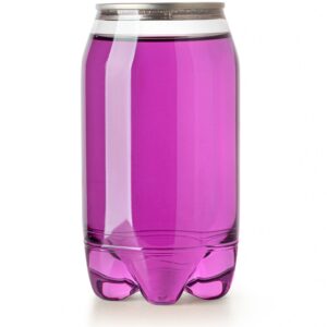 Transparent plastic can filled with purple liquid on white background