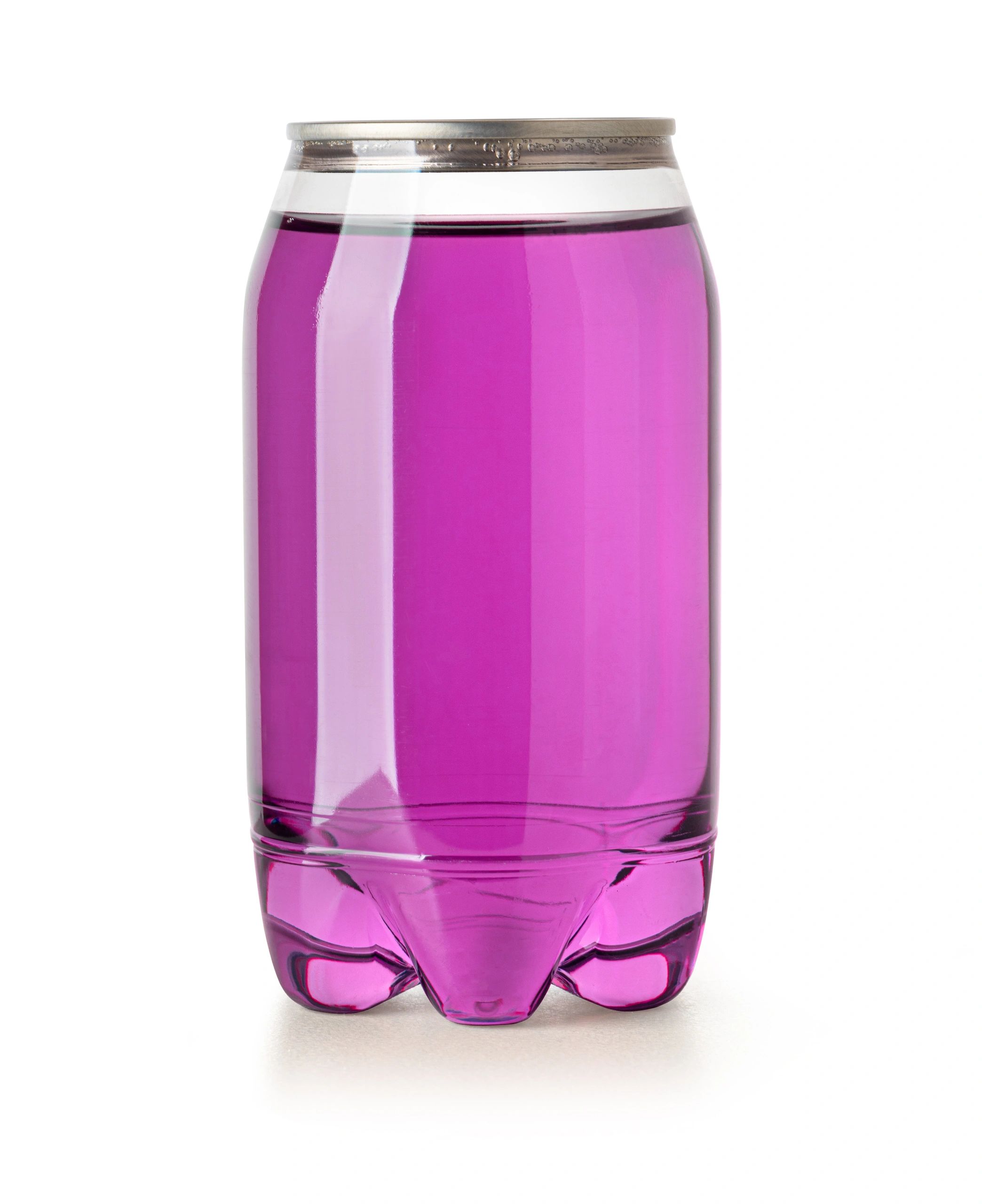Transparent beverage can with purple liquid on white background